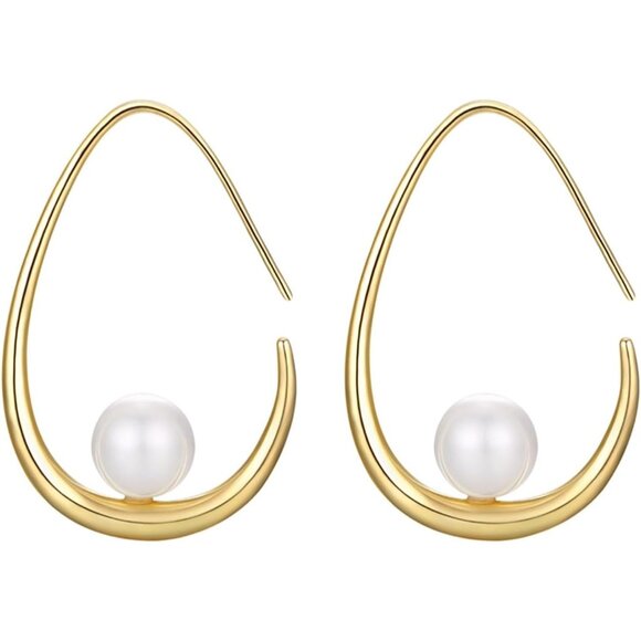 ✨Funfmm Women Gold Plated Lightweight Pearl Trendy Teardrop Hoop Earring Jewelry - Picture 5 of 7